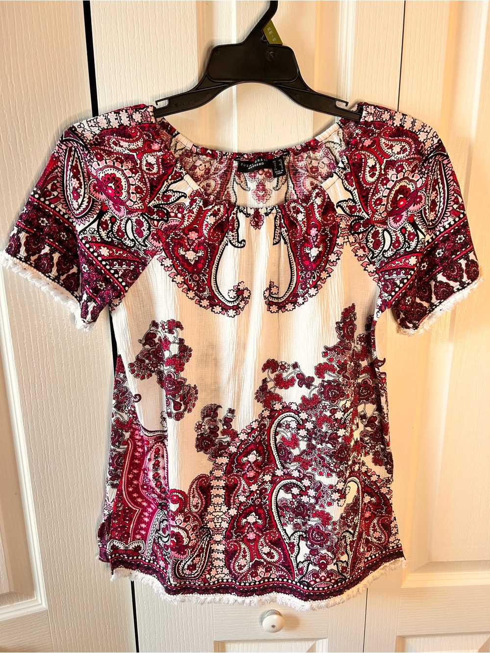 Susan Graver Women’s Red White XS Paisley Peasant Top Boho Popover Short Sleeve